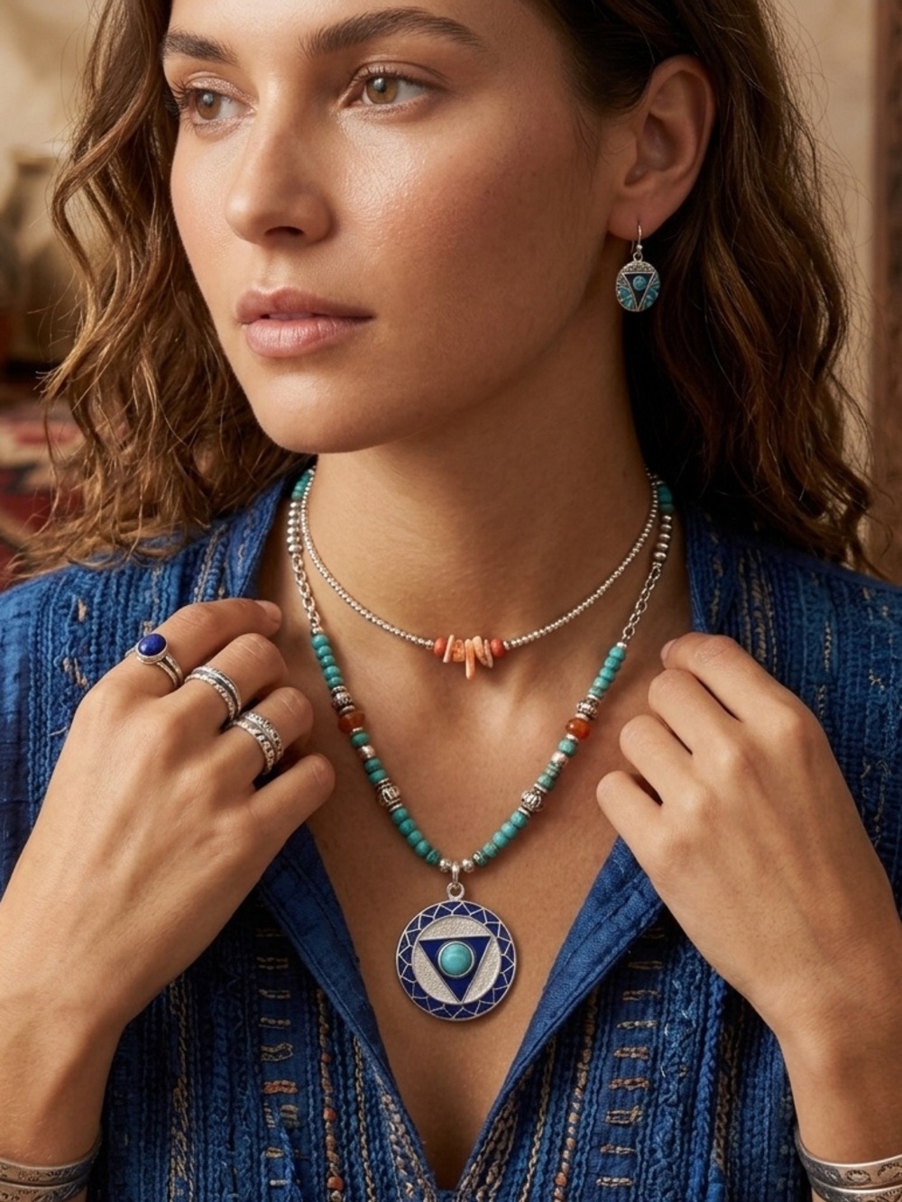 Anthropologie ✨ 925 Sterling Silver & Arizona Turquoise Throat Chakra Pendant✨